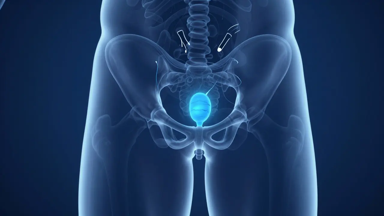 Abstraktní anatomická ilustrace prostaty a perinea s modrým světlem
