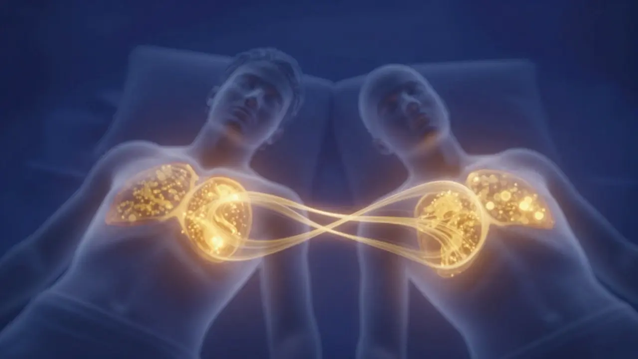 Abstraktní ilustrace propojení párů prostřednictvím hormonů a energie