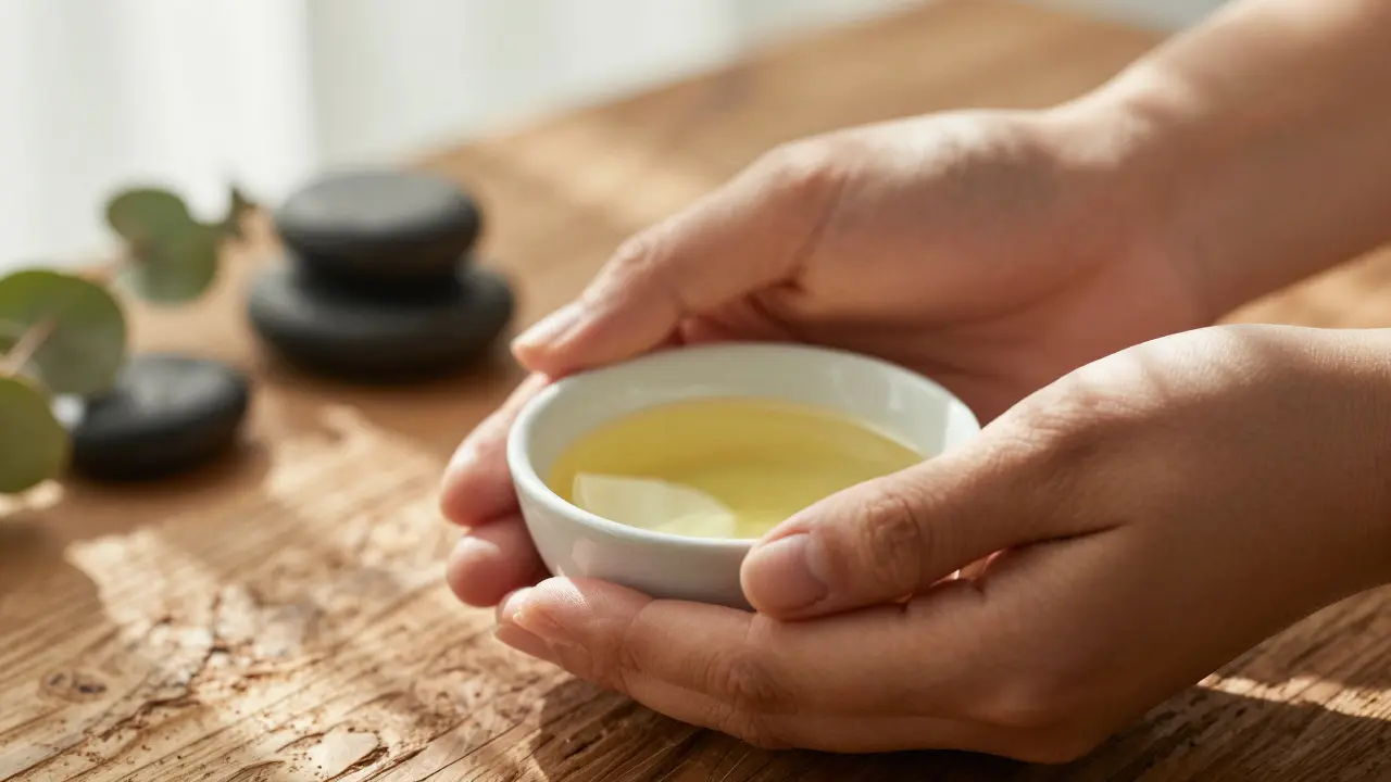 Detail ruk držíících misku s aromaterapeutickými oleji v lázních