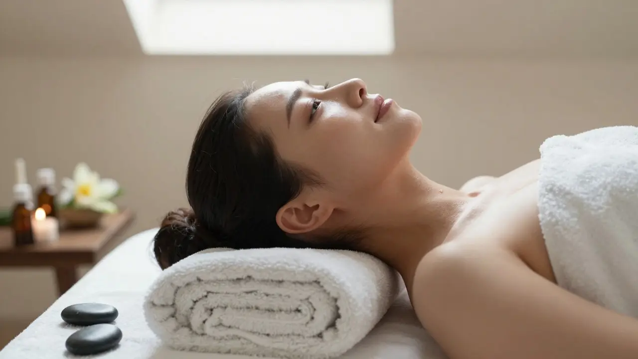 Relaxovaná žena po masáži s klidným výrazem