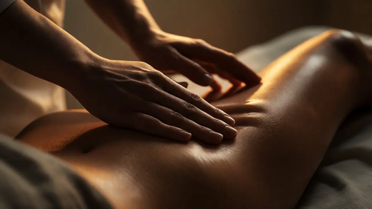 Detail pomalých, plynulých pohybů rukou terapeuta na noze a břichu klienta s olejem.