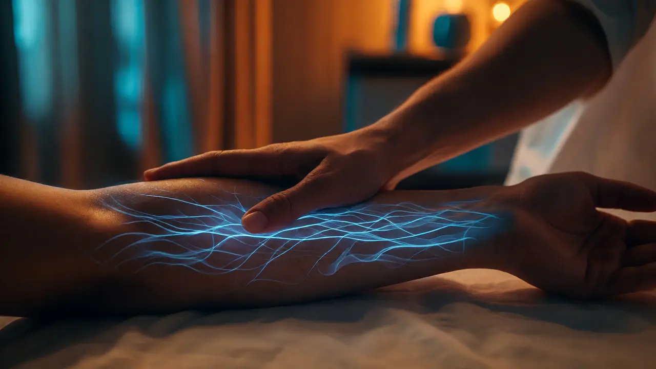 Vizualizace lymfatického toku pod kůží během jemné masážní techniky pro detoxikaci.