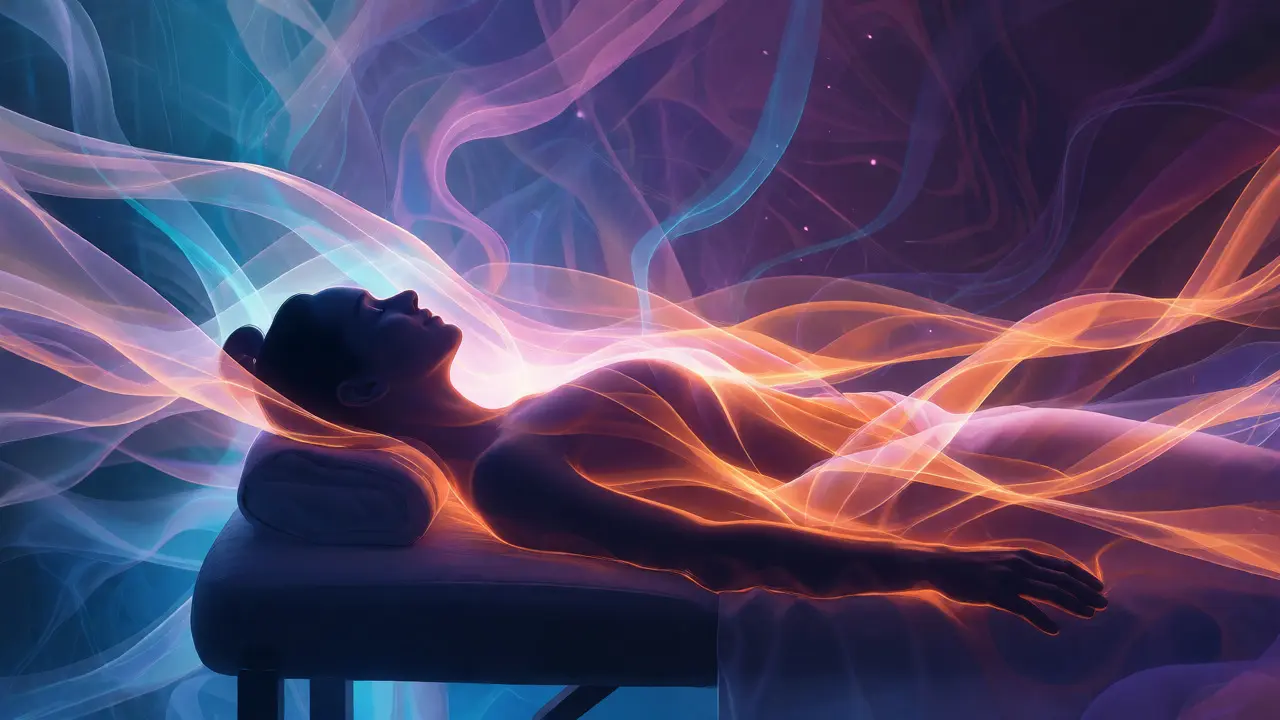 Konceptuální ilustrace osoby v relaxaci s proudy světla znázorňujícími energetické propojení.
