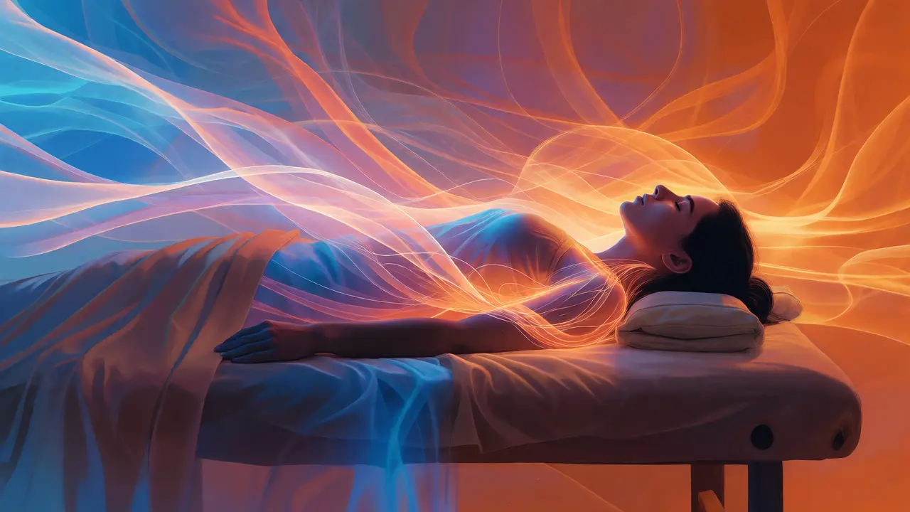Konceptuální znázornění uvolnění emocí a energetické harmonie během masáže