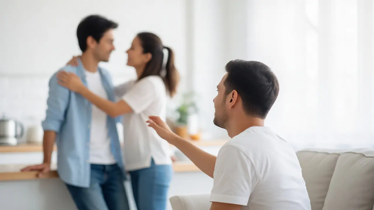Pár sdílí spontánní ne-sexuální dotek v běžném domácím prostředí po relaxaci.